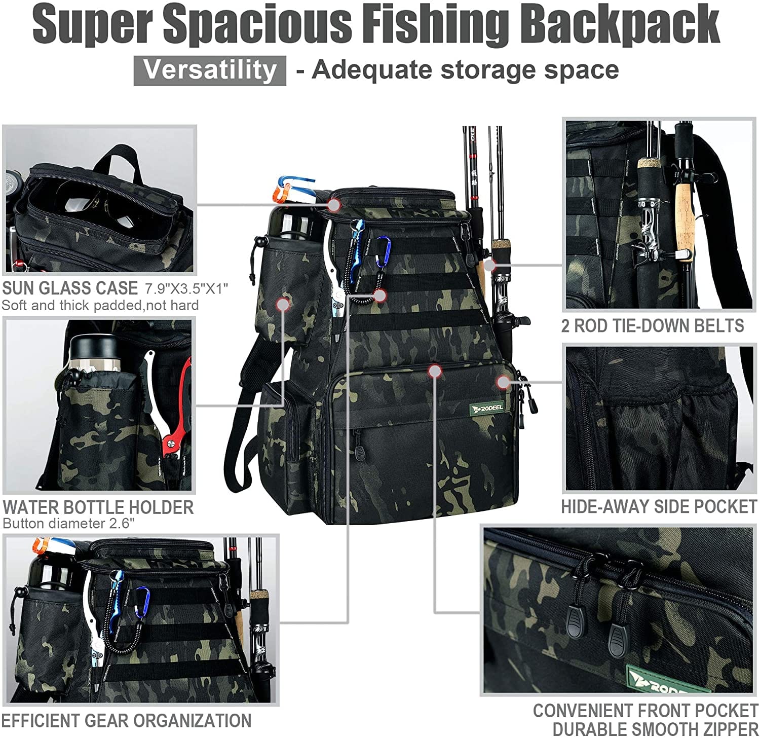 Otterk Large Fishing Tackle Backpack 2 Fishing Rod Holders with 4 Tack